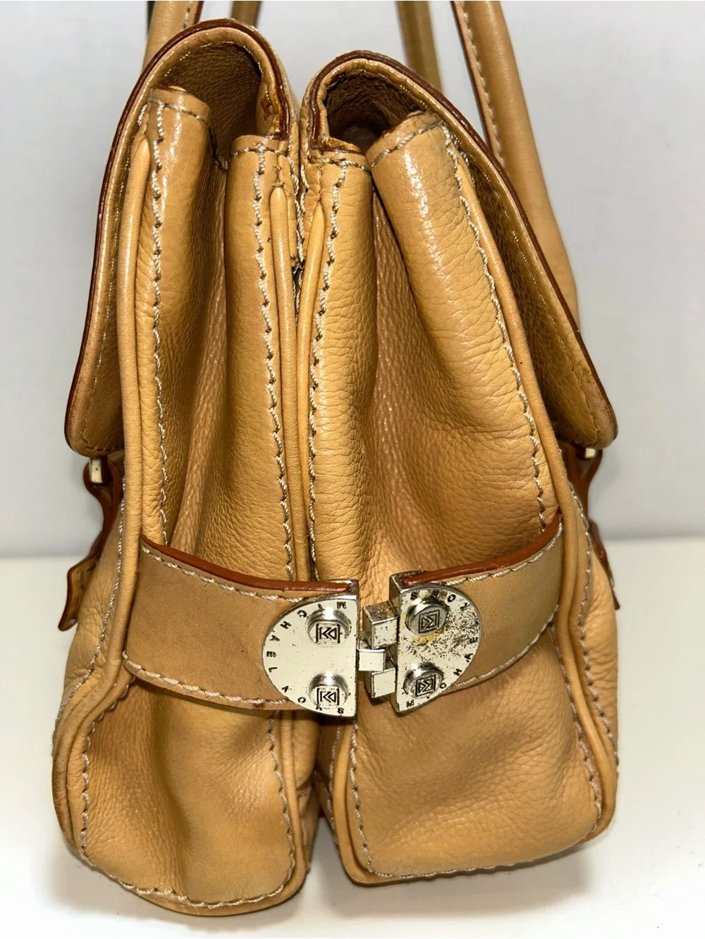 Michael Kors Y2K Tan Pebbled Leather Double Flap Three Section Satchel